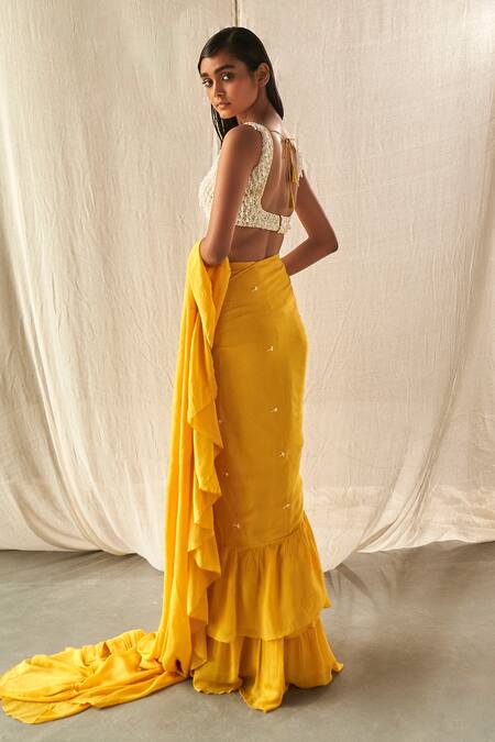 Kashmiraa Yellow Chiffon Sequins, Crystals Embroidered Blouse And Pre-draped Saree Set at Aza Fashions Kashmiraa_Yellow Chiffon Sequins, Crystals Embroidered Blouse And Pre-draped Saree Set _at_Aza_Fashions