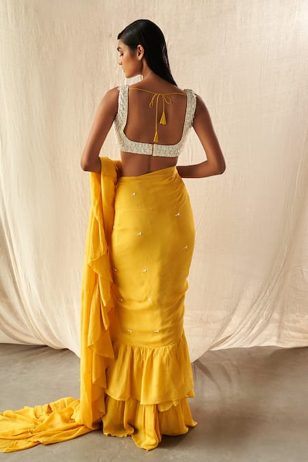 Shop Kashmiraa Yellow Chiffon Sequins, Crystals Embroidered Blouse And Pre-draped Saree Set at Aza Fashions Shop_Kashmiraa_Yellow Chiffon Sequins, Crystals Embroidered Blouse And Pre-draped Saree Set _at_Aza_Fashions