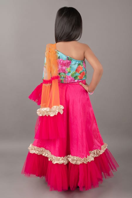 Pinkcow designs pvt ltd Peony Print One Shoulder Blouse Ruffled Lehenga Set 