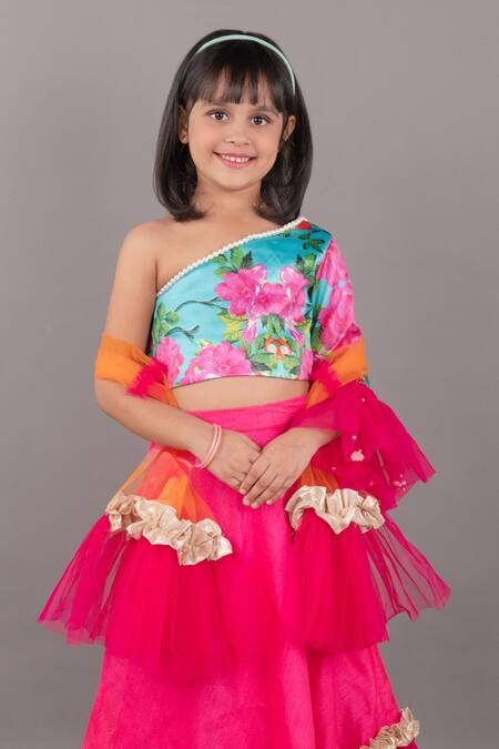 Pinkcow designs pvt ltd_Pink Tulle, Silk Pearls, Ruffles Peony Print One Shoulder Blouse Lehenga Set _Online_at_Aza_Fashions