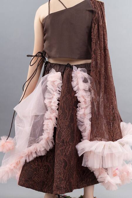 Buy_Pinkcow designs pvt ltd_Brown Net, Taffeta Ruffles, Lace Shimmery Lehenga Blouse Set _Online_at_Aza_Fashions