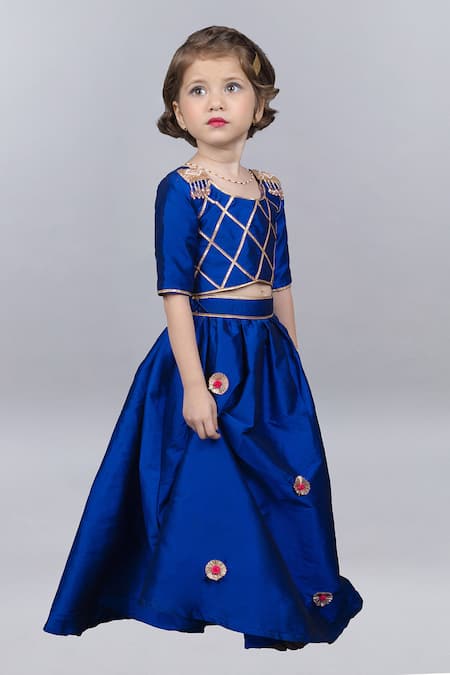 Buy_Pinkcow designs pvt ltd_Blue Taffeta, Tulle, Net Gota Patti Embroidered Lehenga Blouse Set _Online_at_Aza_Fashions