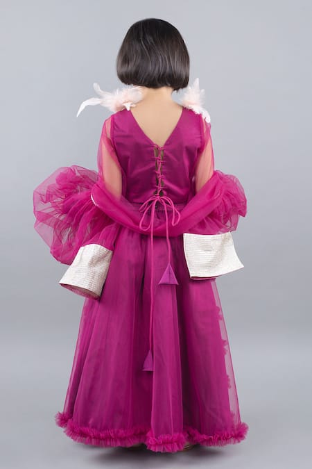 Shop Pinkcow designs pvt ltd Gold Crepe, Net Pearls, Feathers Embellished Ruffle Tier Lehenga Set at Aza Fashions Shop_Pinkcow designs pvt ltd_Gold Crepe, Net Pearls, Feathers Embellished Ruffle Tier Lehenga Set _at_Aza_Fashions