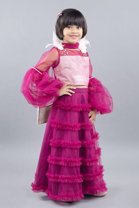 Buy Pinkcow designs pvt ltd Gold Crepe, Net Pearls, Feathers Embellished Ruffle Tier Lehenga Set Online at Aza Fashions Buy_Pinkcow designs pvt ltd_Gold Crepe, Net Pearls, Feathers Embellished Ruffle Tier Lehenga Set _Online_at_Aza_Fashions