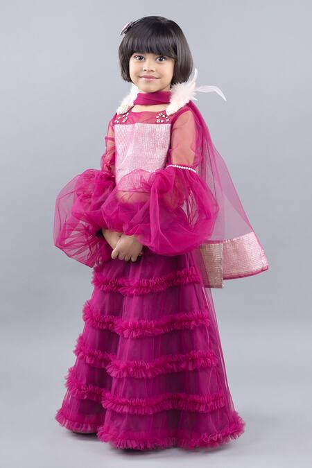 Shop Pinkcow designs pvt ltd Gold Crepe, Net Pearls, Feathers Embellished Ruffle Tier Lehenga Set Online at Aza Fashions Shop_Pinkcow designs pvt ltd_Gold Crepe, Net Pearls, Feathers Embellished Ruffle Tier Lehenga Set _Online_at_Aza_Fashions