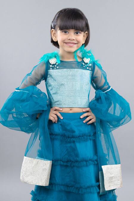 Buy_Pinkcow designs pvt ltd_Blue Net, Crepe, Cotton Pearls, Feathers Frill Tier Lehenga Blouse Set _Online_at_Aza_Fashions