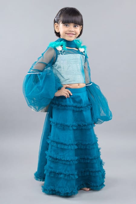 Shop_Pinkcow designs pvt ltd_Blue Net, Crepe, Cotton Pearls, Feathers Frill Tier Lehenga Blouse Set _Online_at_Aza_Fashions