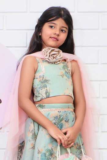 Pinkcow designs pvt ltd_Green Cotton, Lame, Printed Fabric, Silk Fabric, Peach Net, Lehenga Blouse Set _Online_at_Aza_Fashions