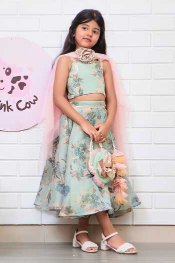 Buy_Pinkcow designs pvt ltd_Green Cotton, Lame, Printed Fabric, Silk Fabric, Peach Net, Lehenga Blouse Set _Online_at_Aza_Fashions