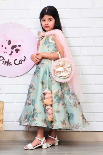 Shop_Pinkcow designs pvt ltd_Green Cotton, Lame, Printed Fabric, Silk Fabric, Peach Net, Lehenga Blouse Set _Online_at_Aza_Fashions