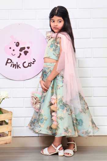 Pinkcow designs pvt ltd_Green Cotton, Lame, Printed Fabric, Silk Fabric, Peach Net, Lehenga Blouse Set _at_Aza_Fashions