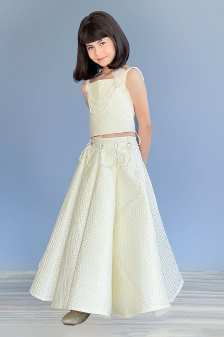 Shop_Pinkcow designs pvt ltd_Cream Silk, Cotton, Tulle Quilted Crystal Chain Embellished Lehenga Blouse Set _Online_at_Aza_Fashions