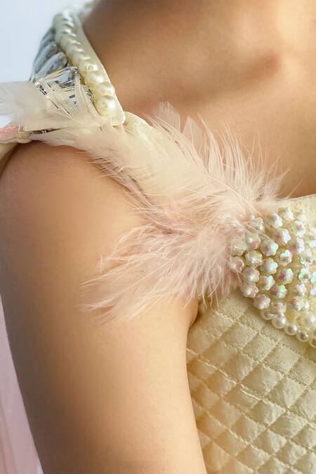 Buy_Pinkcow designs pvt ltd_Cream Silk, Cotton, Tulle Quilted Crystal Chain Embellished Lehenga Blouse Set 