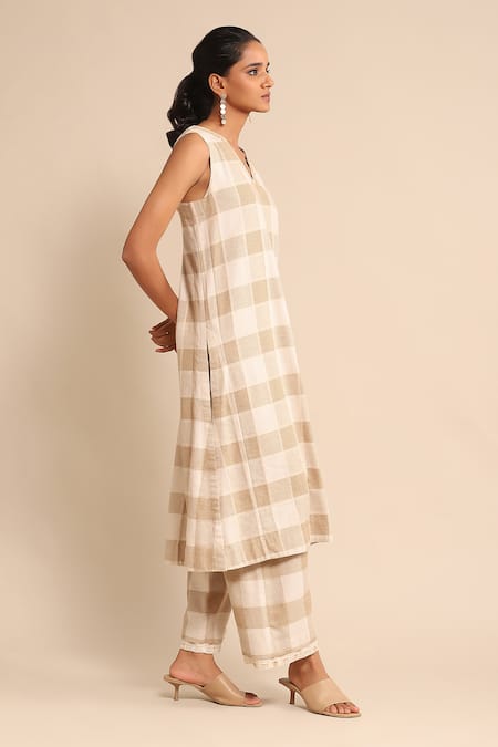 Shop_Ritu Kumar_Beige Cotton V-neck Yarn Dyed Kurta And Pant Set _Online_at_Aza_Fashions