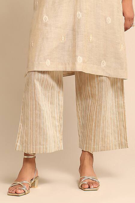 Ritu Kumar_Beige Viscose, Linen Mandarin Collar Jacquard Kurta Pant Set_Online_at_Aza_Fashions