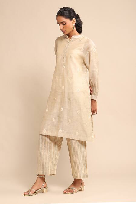 Buy_Ritu Kumar_Beige Viscose, Linen Mandarin Collar Jacquard Kurta Pant Set_Online_at_Aza_Fashions