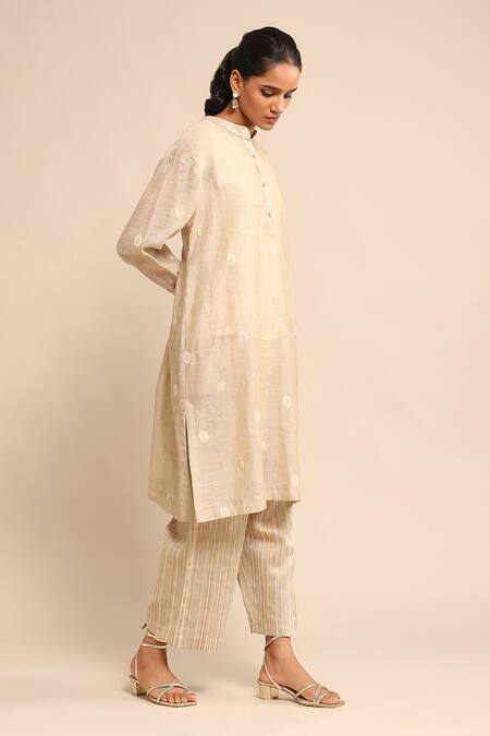 Shop_Ritu Kumar_Beige Viscose, Linen Mandarin Collar Jacquard Kurta Pant Set_Online_at_Aza_Fashions