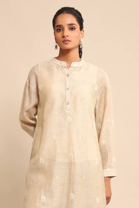 Ritu Kumar_Beige Viscose, Linen Mandarin Collar Jacquard Kurta Pant Set_at_Aza_Fashions