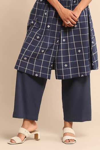 Ritu Kumar_Blue Cotton, Viscose Embroidery Checkered Pattern Gathered Kurta And Pant Set_Online_at_Aza_Fashions