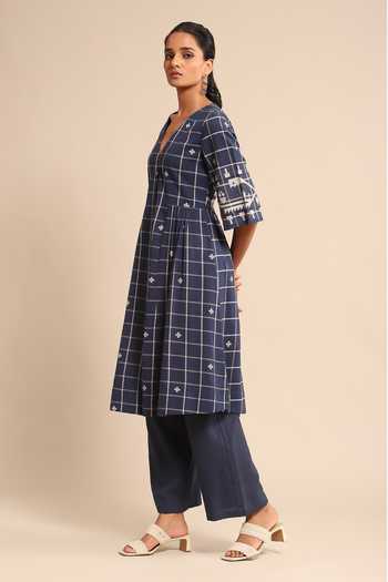 Buy_Ritu Kumar_Blue Cotton, Viscose Embroidery Checkered Pattern Gathered Kurta And Pant Set_Online_at_Aza_Fashions