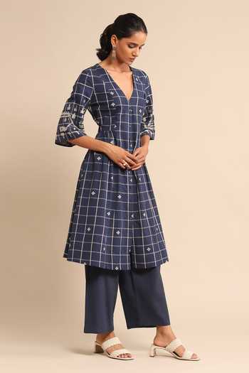 Shop_Ritu Kumar_Blue Cotton, Viscose Embroidery Checkered Pattern Gathered Kurta And Pant Set_Online_at_Aza_Fashions