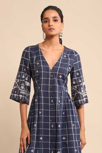 Ritu Kumar_Blue Cotton, Viscose Embroidery Checkered Pattern Gathered Kurta And Pant Set_at_Aza_Fashions