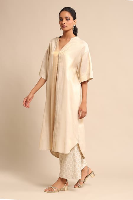 Ritu Kumar_Beige Polyester, Lurex V-neck Panelled Straight Kurta Palazzo Set_Online_at_Aza_Fashions