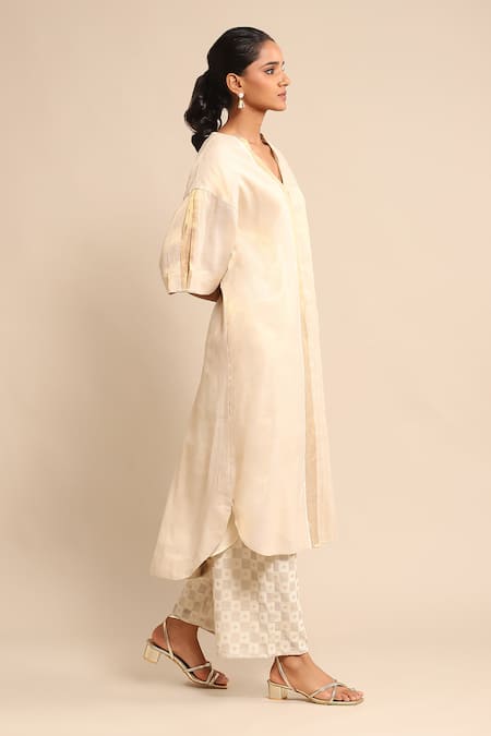 Buy_Ritu Kumar_Beige Polyester, Lurex V-neck Panelled Straight Kurta Palazzo Set_Online_at_Aza_Fashions