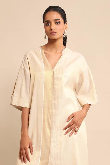 Shop_Ritu Kumar_Beige Polyester, Lurex V-neck Panelled Straight Kurta Palazzo Set_Online_at_Aza_Fashions