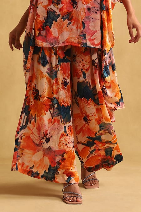 Ritu Kumar_Orange Brocade V-neck Floral Print High Low Tunic And Palazzo Set _Online_at_Aza_Fashions