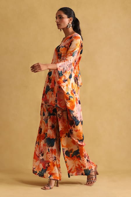 Buy_Ritu Kumar_Orange Brocade V-neck Floral Print High Low Tunic And Palazzo Set _Online_at_Aza_Fashions