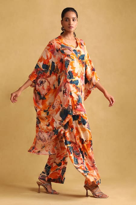 Shop_Ritu Kumar_Orange Brocade V-neck Floral Print High Low Tunic And Palazzo Set _Online_at_Aza_Fashions