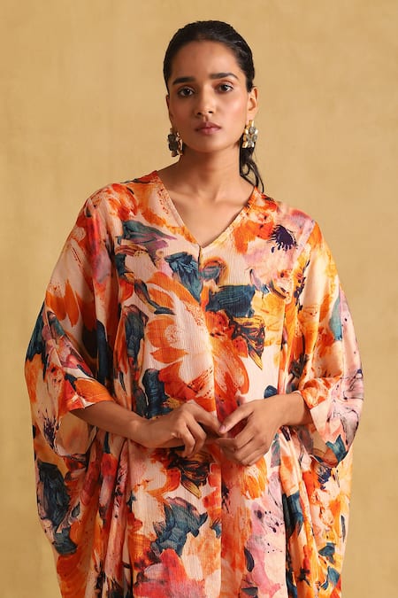 Ritu Kumar_Orange Brocade V-neck Floral Print High Low Tunic And Palazzo Set _at_Aza_Fashions