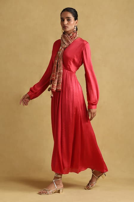 Ritu Kumar_Red Cotton, Viscose V-neck Solid Maxi Dress With Scarf _Online_at_Aza_Fashions
