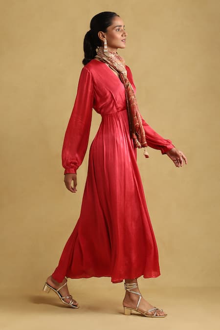 Buy_Ritu Kumar_Red Cotton, Viscose V-neck Solid Maxi Dress With Scarf _Online_at_Aza_Fashions