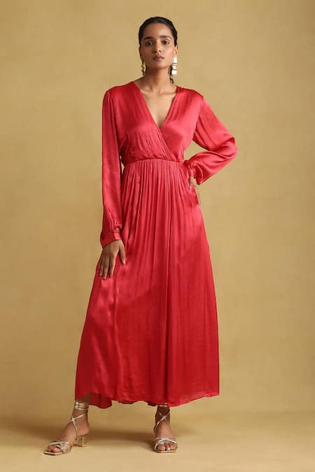Shop_Ritu Kumar_Red Cotton, Viscose V-neck Solid Maxi Dress With Scarf _Online_at_Aza_Fashions