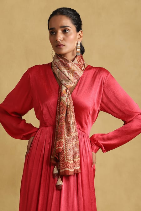 Ritu Kumar_Red Cotton, Viscose V-neck Solid Maxi Dress With Scarf _at_Aza_Fashions