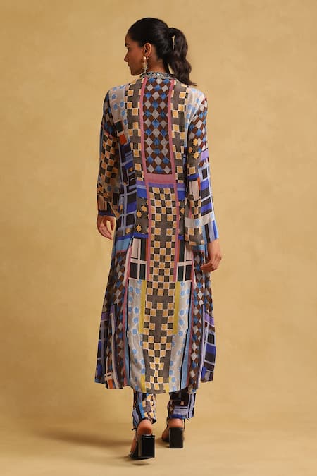 Shop Ritu Kumar Blue Viscose Embroidery Bandeau Neck Geometric Print Kurta And Pant Set at Aza Fashions Shop_Ritu Kumar_Blue Viscose Embroidery Bandeau Neck Geometric Print Kurta And Pant Set _at_Aza_Fashions