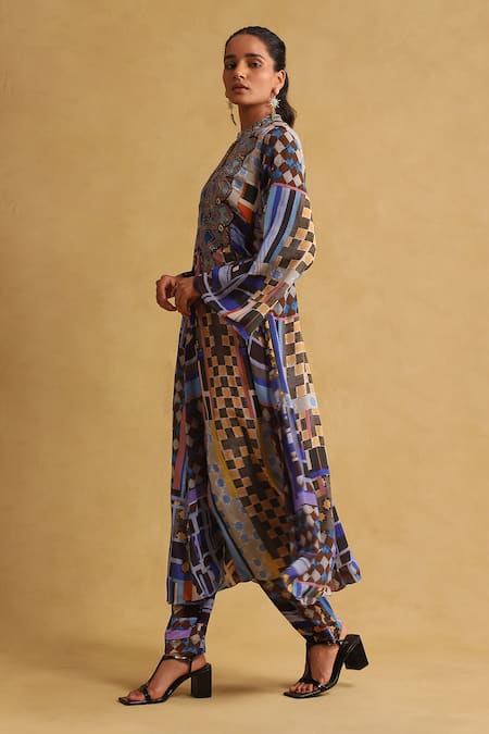 Ritu Kumar Blue Viscose Embroidery Bandeau Neck Geometric Print Kurta And Pant Set Online at Aza Fashions Ritu Kumar_Blue Viscose Embroidery Bandeau Neck Geometric Print Kurta And Pant Set _Online_at_Aza_Fashions