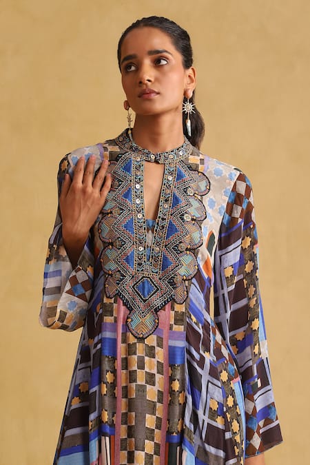 Shop Ritu Kumar Blue Viscose Embroidery Bandeau Neck Geometric Print Kurta And Pant Set Online at Aza Fashions Shop_Ritu Kumar_Blue Viscose Embroidery Bandeau Neck Geometric Print Kurta And Pant Set _Online_at_Aza_Fashions