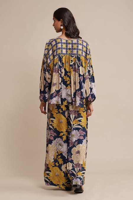 Shop Ritu Kumar Blue Viscose Embroidery Split V-neck Floral Print Short Kurta With Palazzo at Aza Fashions Shop_Ritu Kumar_Blue Viscose Embroidery Split V-neck Floral Print Short Kurta With Palazzo _at_Aza_Fashions