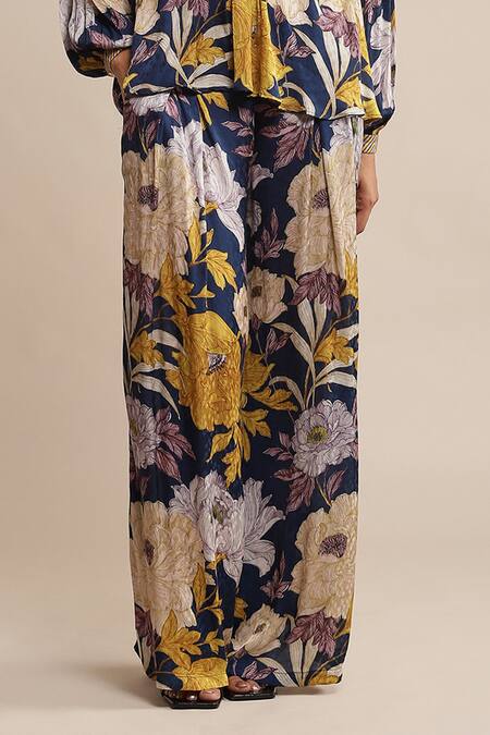 Ritu Kumar Blue Viscose Embroidery Split V-neck Floral Print Short Kurta With Palazzo Online at Aza Fashions Ritu Kumar_Blue Viscose Embroidery Split V-neck Floral Print Short Kurta With Palazzo _Online_at_Aza_Fashions