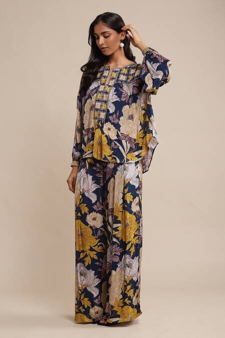 Buy Ritu Kumar Blue Viscose Embroidery Split V-neck Floral Print Short Kurta With Palazzo Online at Aza Fashions Buy_Ritu Kumar_Blue Viscose Embroidery Split V-neck Floral Print Short Kurta With Palazzo _Online_at_Aza_Fashions