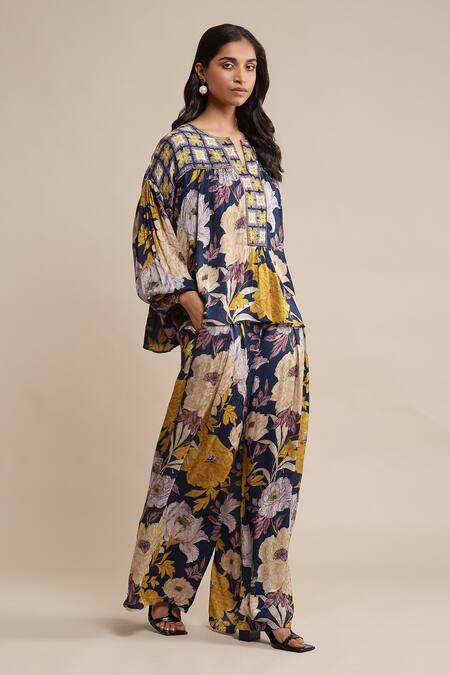 Shop Ritu Kumar Blue Viscose Embroidery Split V-neck Floral Print Short Kurta With Palazzo Online at Aza Fashions Shop_Ritu Kumar_Blue Viscose Embroidery Split V-neck Floral Print Short Kurta With Palazzo _Online_at_Aza_Fashions