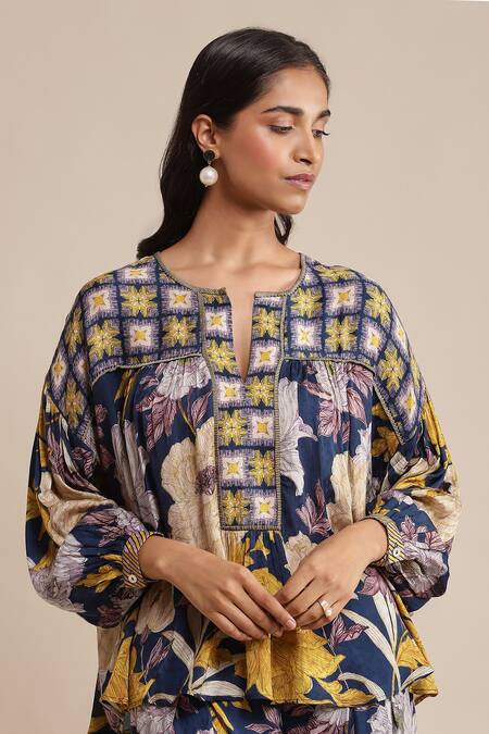 Ritu Kumar Blue Viscose Embroidery Split V-neck Floral Print Short Kurta With Palazzo at Aza Fashions Ritu Kumar_Blue Viscose Embroidery Split V-neck Floral Print Short Kurta With Palazzo _at_Aza_Fashions