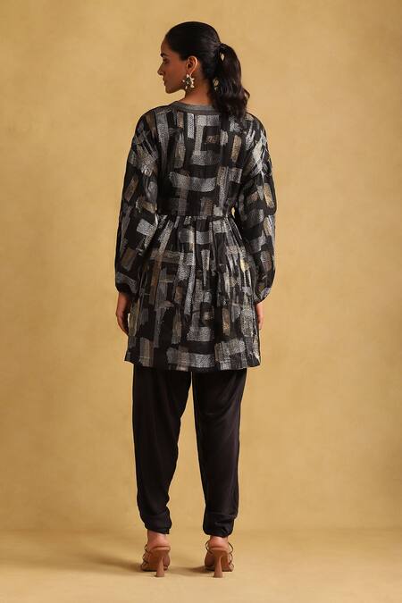 Shop Ritu Kumar Black Rayon Embroidery V-neck Abstract Zari Tunic And Dhoti Pant Set at Aza Fashions Shop_Ritu Kumar_Black Rayon Embroidery V-neck Abstract Zari Tunic And Dhoti Pant Set _at_Aza_Fashions