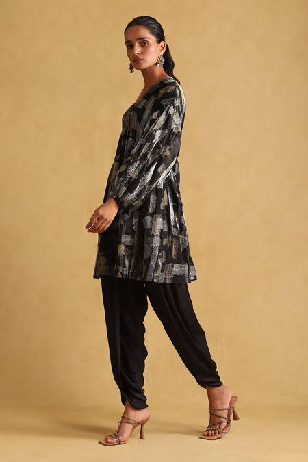 Buy Ritu Kumar Black Rayon Embroidery V-neck Abstract Zari Tunic And Dhoti Pant Set Online at Aza Fashions Buy_Ritu Kumar_Black Rayon Embroidery V-neck Abstract Zari Tunic And Dhoti Pant Set _Online_at_Aza_Fashions