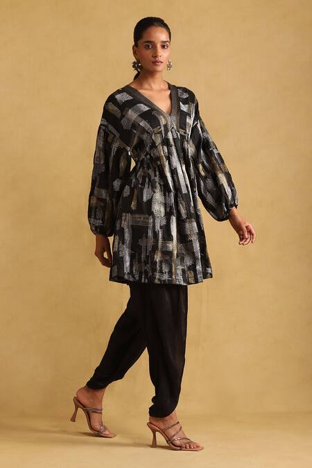 Shop Ritu Kumar Black Rayon Embroidery V-neck Abstract Zari Tunic And Dhoti Pant Set Online at Aza Fashions Shop_Ritu Kumar_Black Rayon Embroidery V-neck Abstract Zari Tunic And Dhoti Pant Set _Online_at_Aza_Fashions