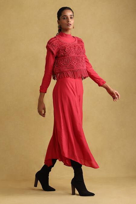 Buy Ritu Kumar Pink Silk High Neck Asymmetric Midi Dress With Macrame Top Online at Aza Fashions Buy_Ritu Kumar_Pink Silk High Neck Asymmetric Midi Dress With Macrame Top _Online_at_Aza_Fashions