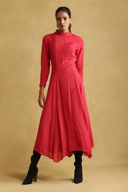Shop Ritu Kumar Pink Silk High Neck Asymmetric Midi Dress With Macrame Top Online at Aza Fashions Shop_Ritu Kumar_Pink Silk High Neck Asymmetric Midi Dress With Macrame Top _Online_at_Aza_Fashions